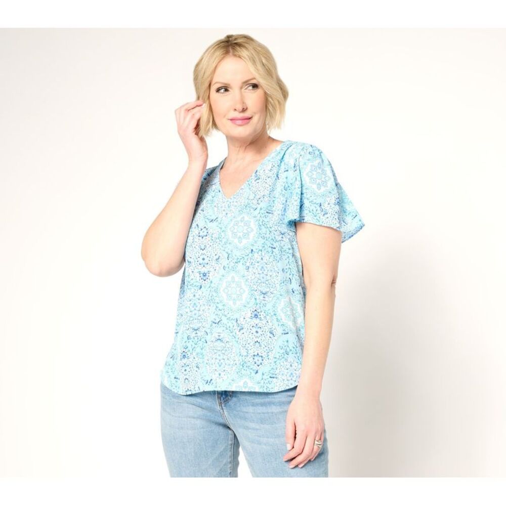 NYDJ Women's Top Sz XS Pintuck Flutter Sleeve Blouse Blue